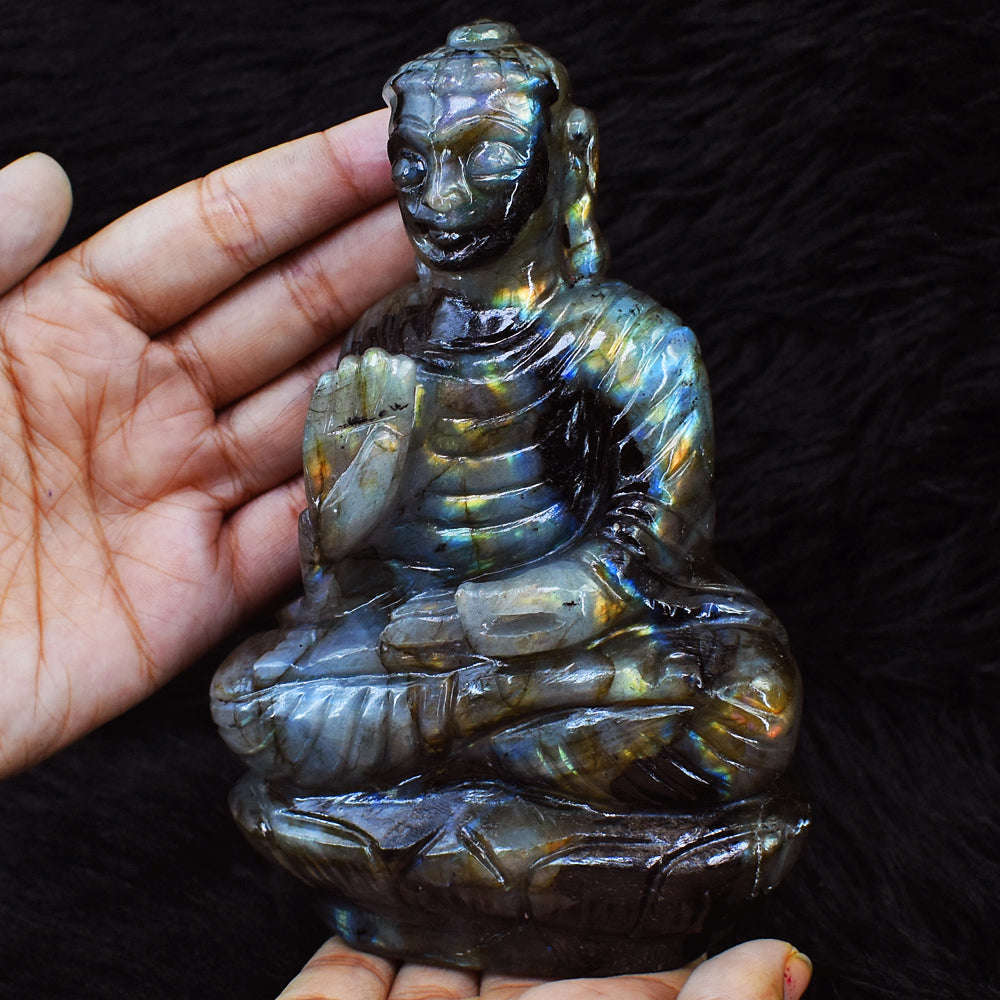 gemsmore:Artisian Amazing Flash Labradorite Hand Carved Crystal Lord Buddha