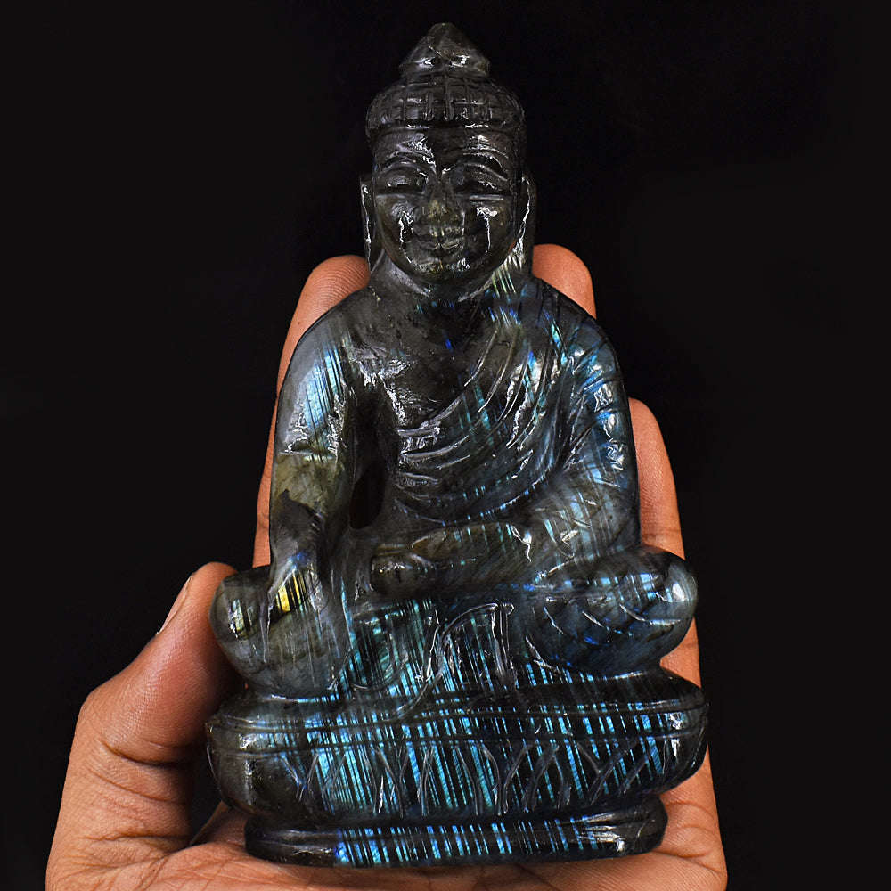 gemsmore:Artisian Amazing Flash Labradorite Hand Carved Genuine Crystal Gemstone Carving Lord Buddha