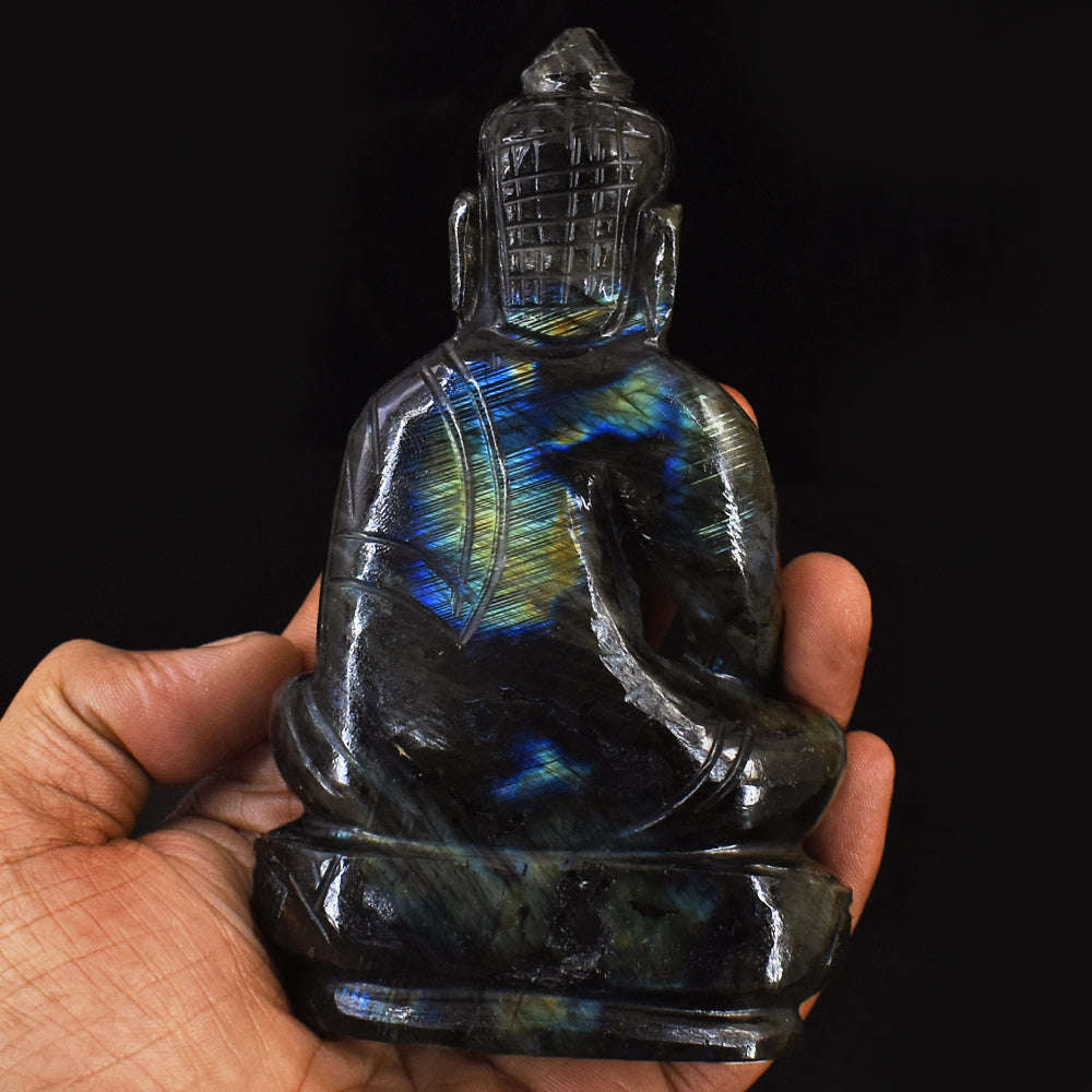gemsmore:Artisian Amazing Flash Labradorite Hand Carved Genuine Crystal Gemstone Carving Lord Buddha