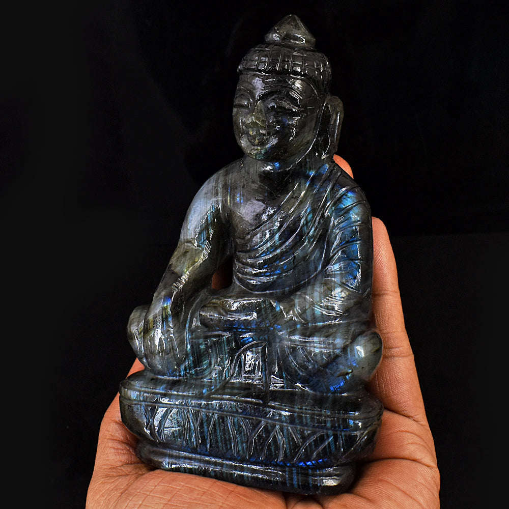 gemsmore:Artisian Amazing Flash Labradorite Hand Carved Genuine Crystal Gemstone Carving Lord Buddha