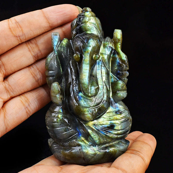 gemsmore:Artisian Amazing Flash Labradorite Hand Carved Lord Ganesha