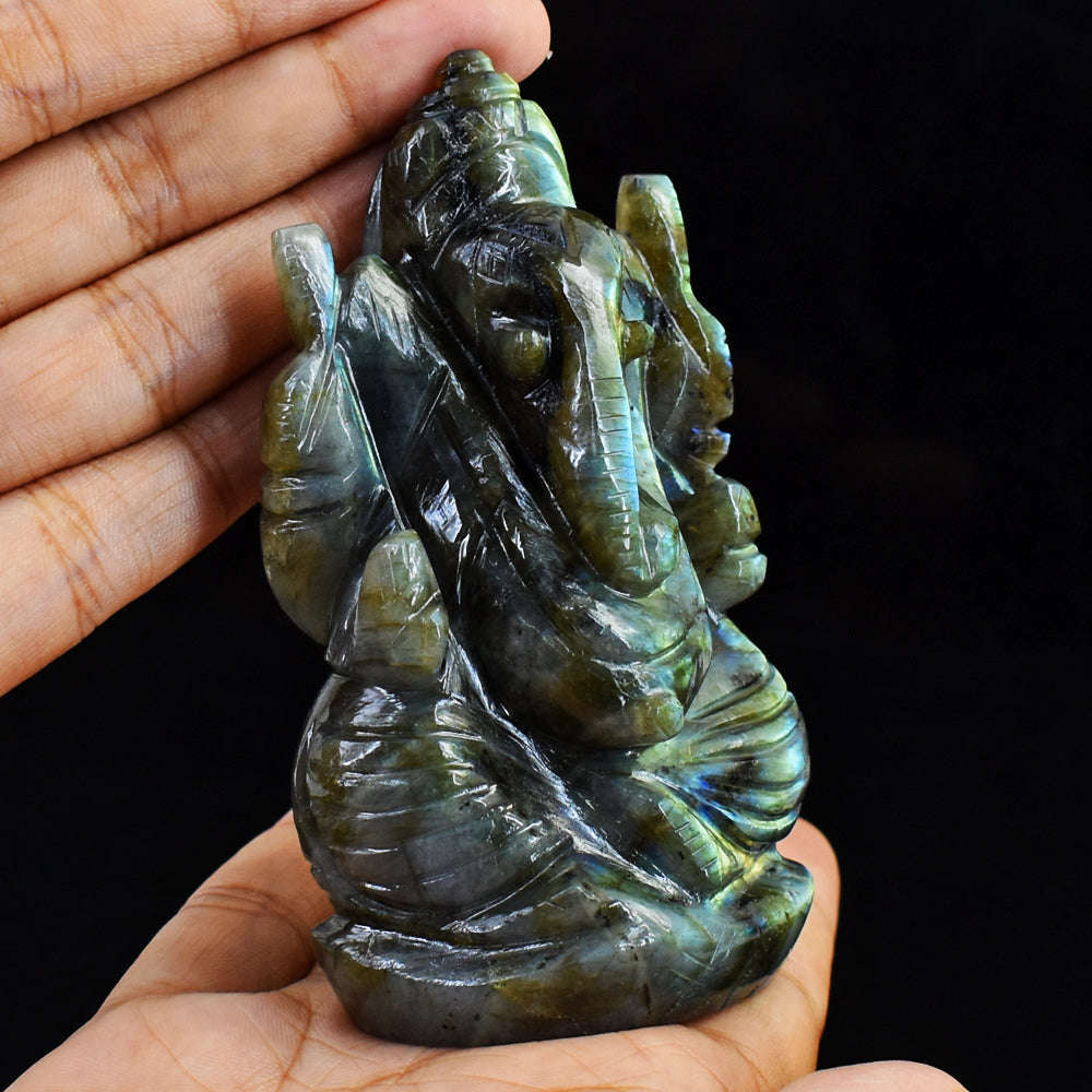 gemsmore:Artisian Amazing Flash Labradorite Hand Carved Lord Ganesha