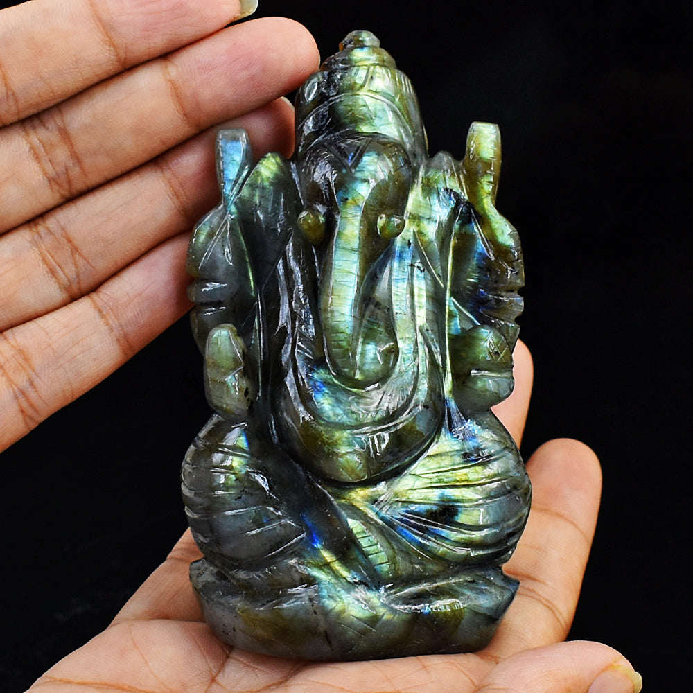 gemsmore:Artisian Amazing Flash Labradorite Hand Carved Lord Ganesha