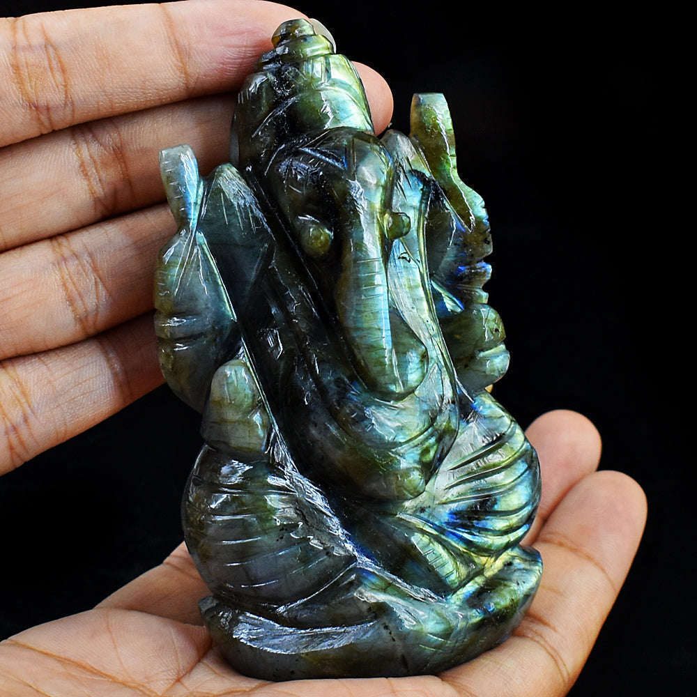 gemsmore:Artisian Amazing Flash Labradorite Hand Carved Lord Ganesha