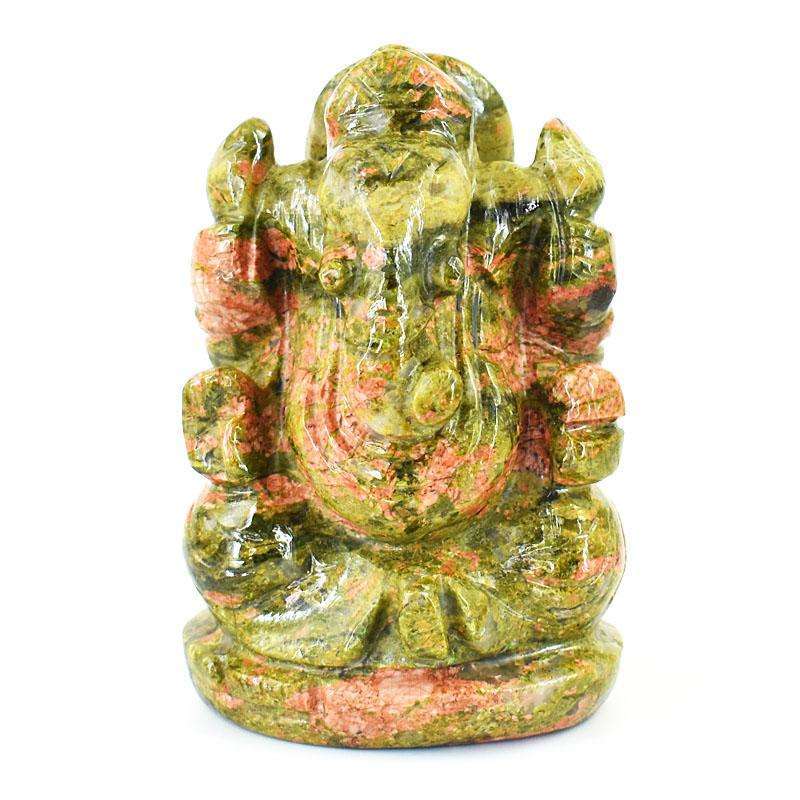 gemsmore:Artisian Blood Green Unakite Hand Carved Genuine Crystal Gemstone Carving Lord Ganesha