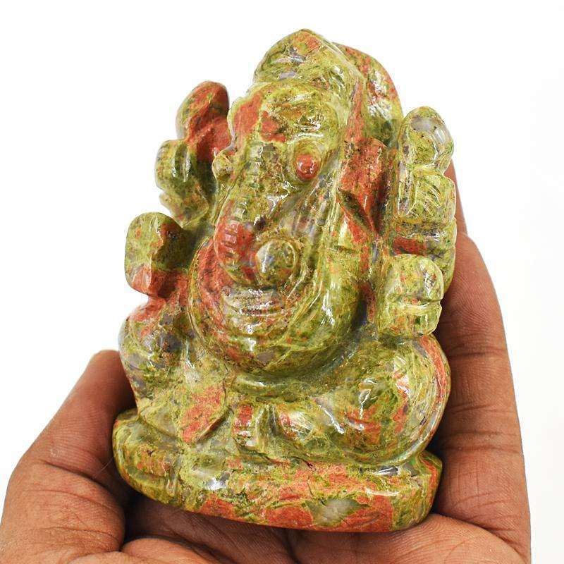 gemsmore:Artisian Blood Green Unakite Hand Carved Genuine Crystal Gemstone Carving Lord Ganesha