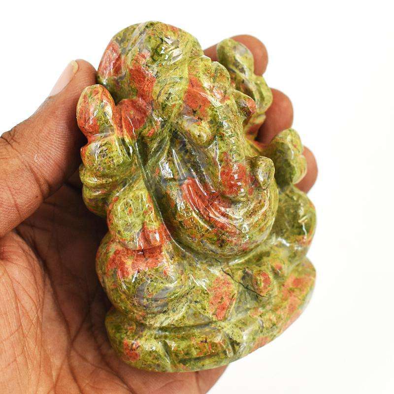 gemsmore:Artisian Blood Green Unakite Hand Carved Genuine Crystal Gemstone Carving Lord Ganesha