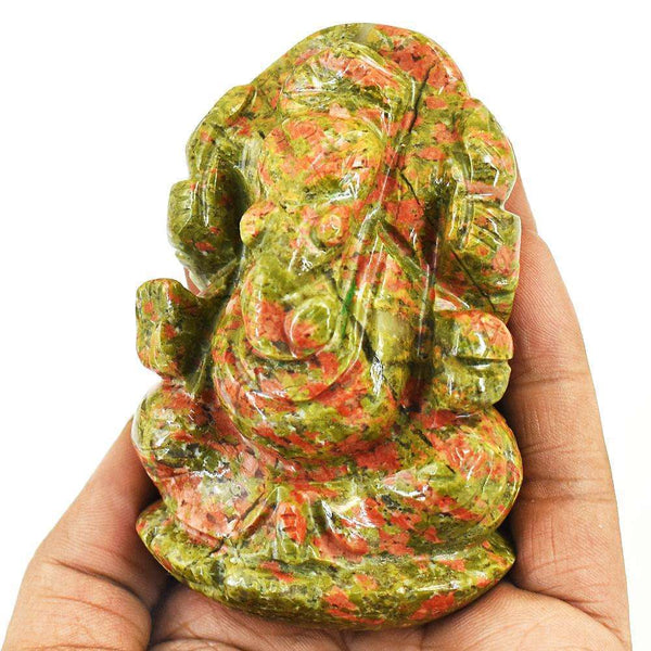 gemsmore:Artisian Blood Green Unakite Hand Carved Genuine Crystal Gemstone Carving Lord Ganesha