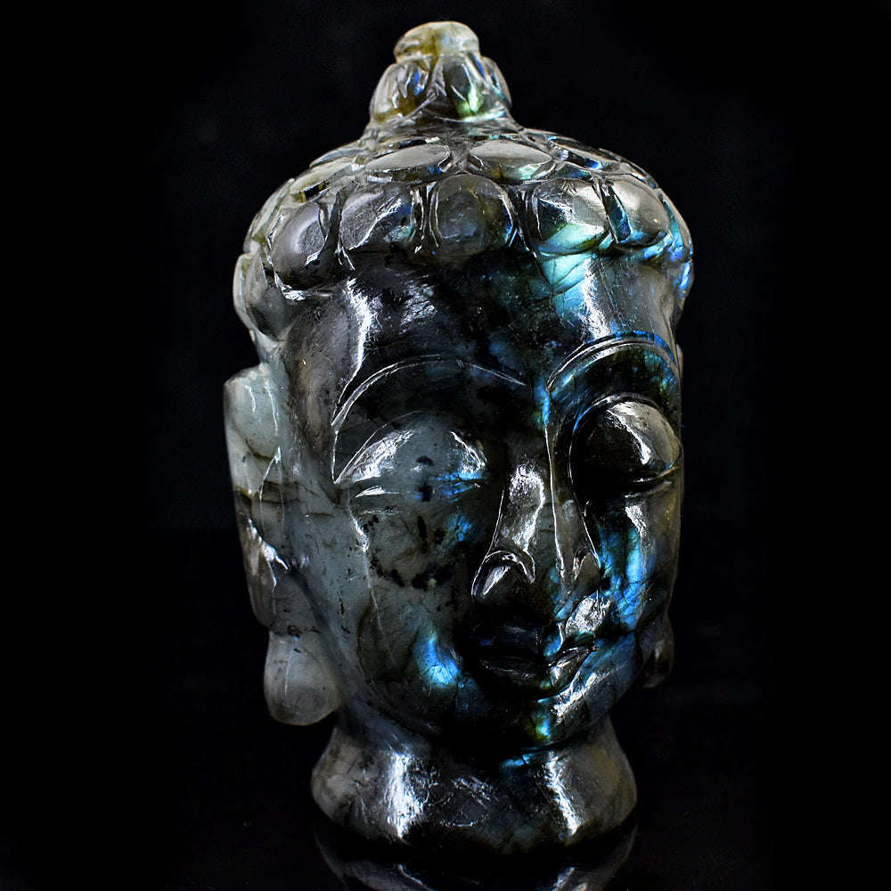 gemsmore:Artisian Blue Flash Labradorite Hand Carved Genuine Crystal Carving Buddha Head