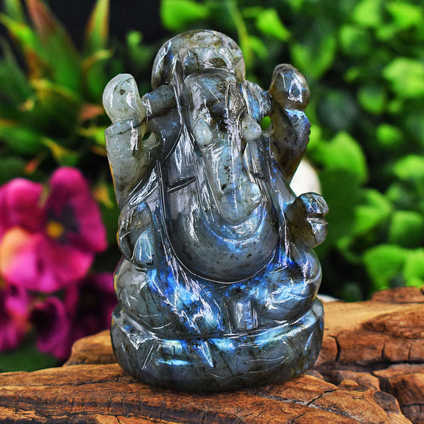gemsmore:Artisian Blue Flash Labradorite Hand Carved Genuine Crystal Gemstone Carving Lord Ganesha