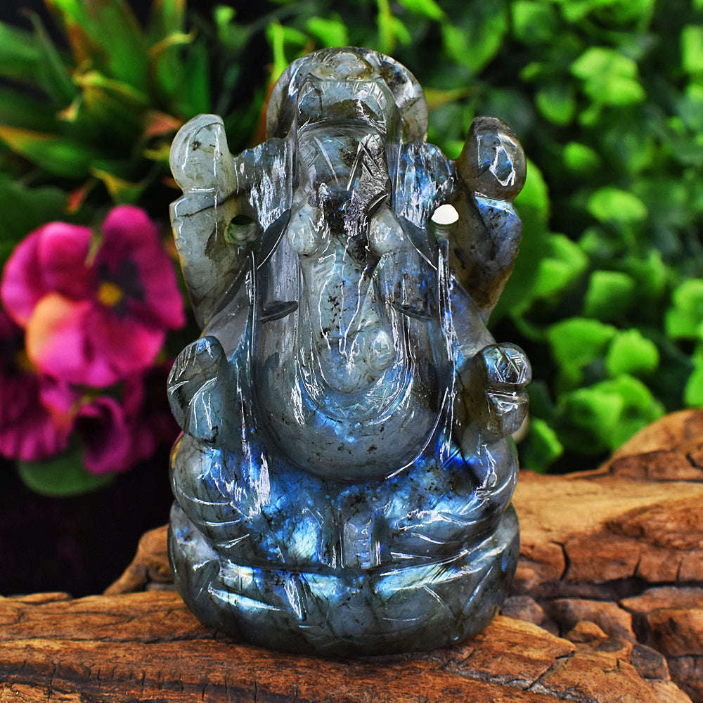 gemsmore:Artisian Blue Flash Labradorite Hand Carved Genuine Crystal Gemstone Carving Lord Ganesha