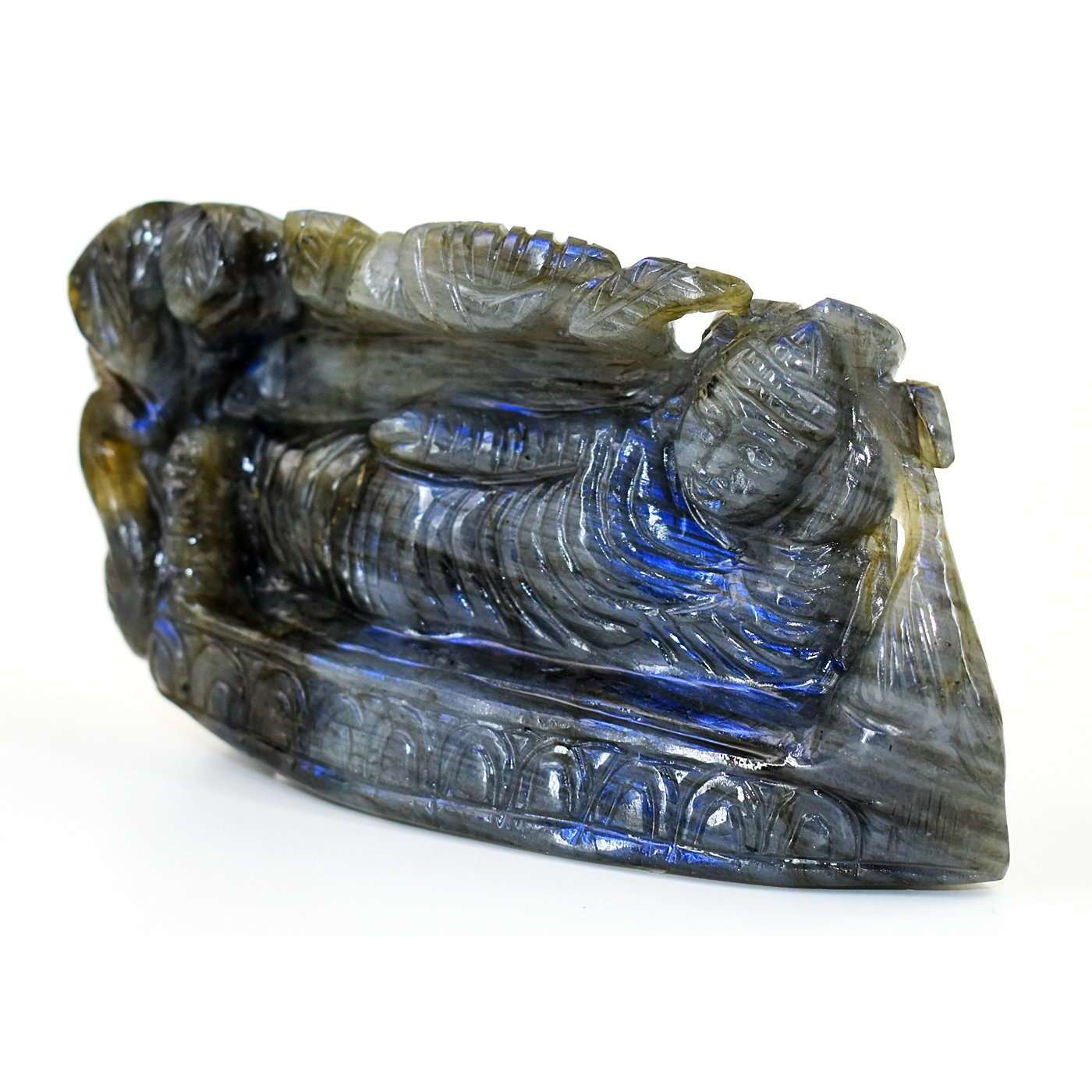 gemsmore:Artisian Blue Flash Labradorite Hand Carved Sleeping Buddha