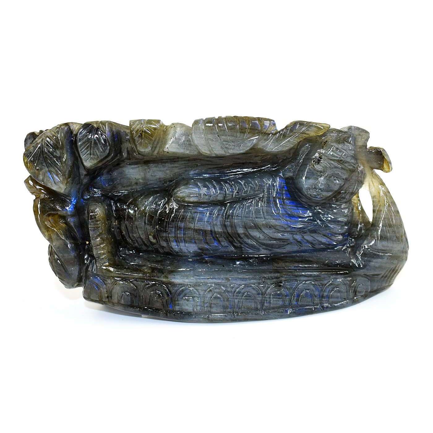 gemsmore:Artisian Blue Flash Labradorite Hand Carved Sleeping Buddha