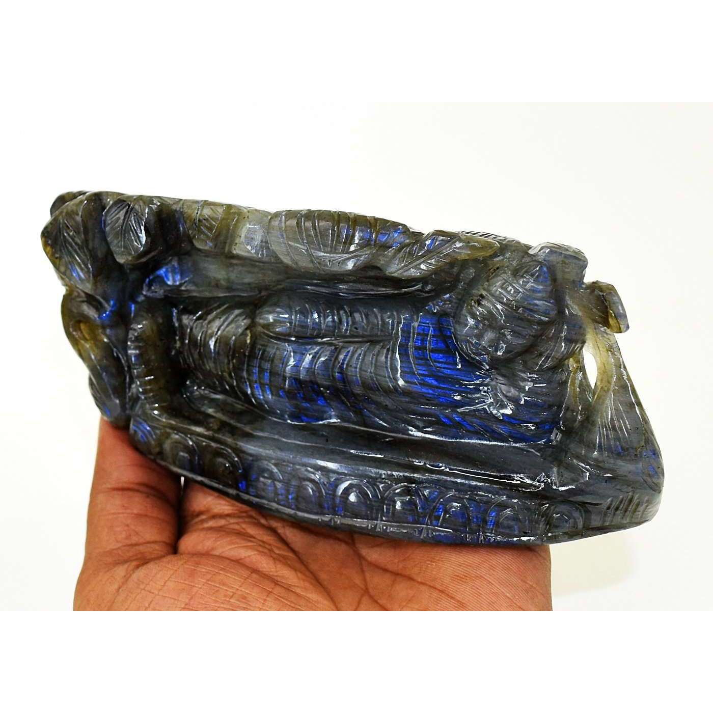 gemsmore:Artisian Blue Flash Labradorite Hand Carved Sleeping Buddha