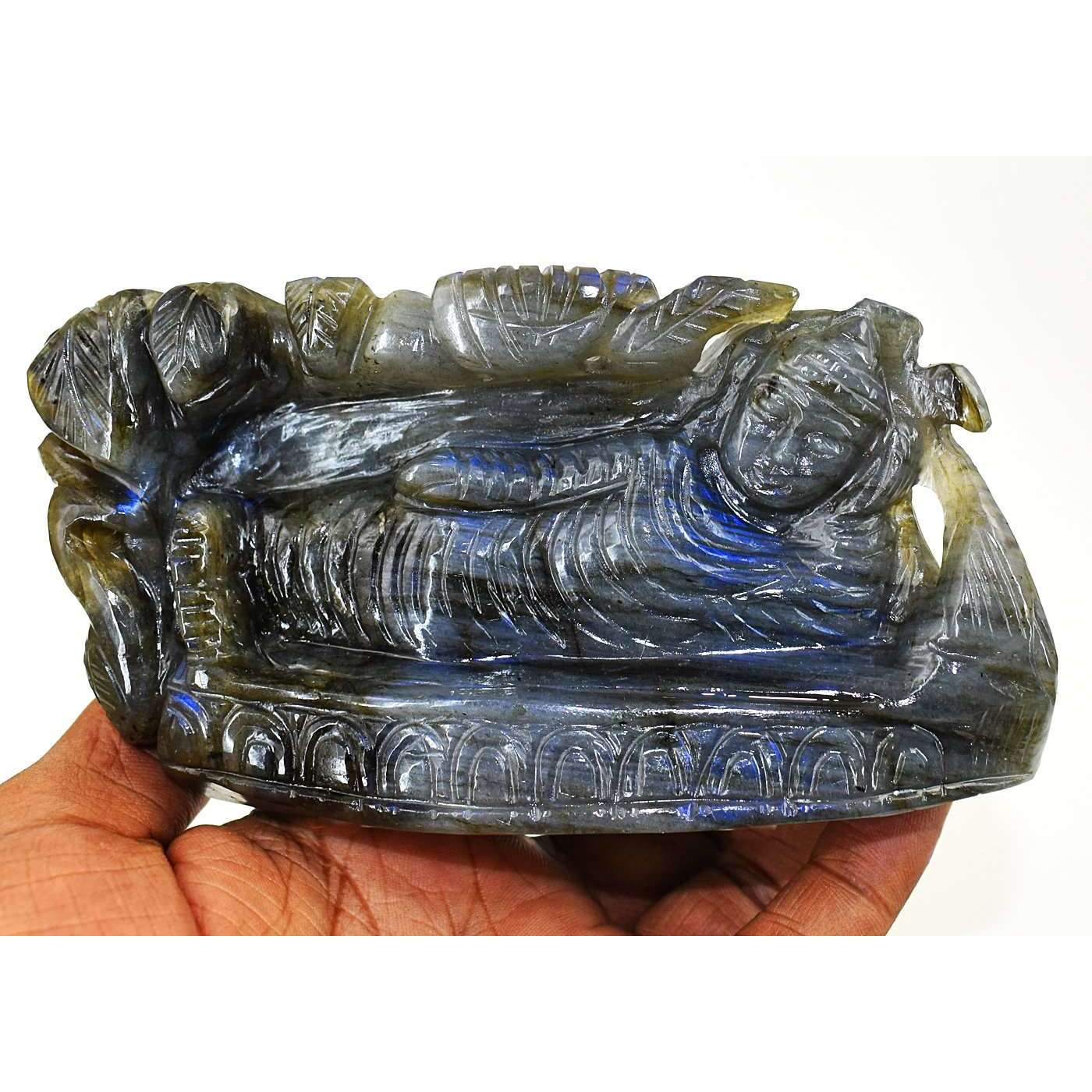 gemsmore:Artisian Blue Flash Labradorite Hand Carved Sleeping Buddha