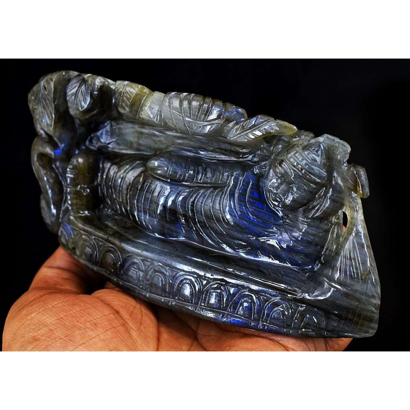 gemsmore:Artisian Blue Flash Labradorite Hand Carved Sleeping Buddha