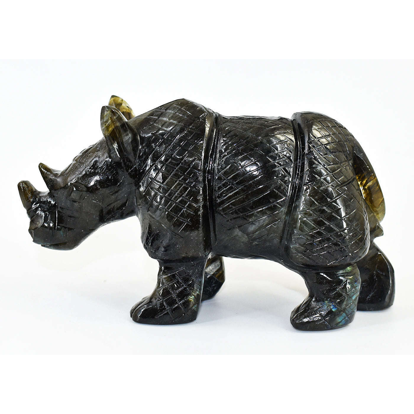 gemsmore:Artisian Blue & Golden Flash Labradorite Hand Carved Rhino