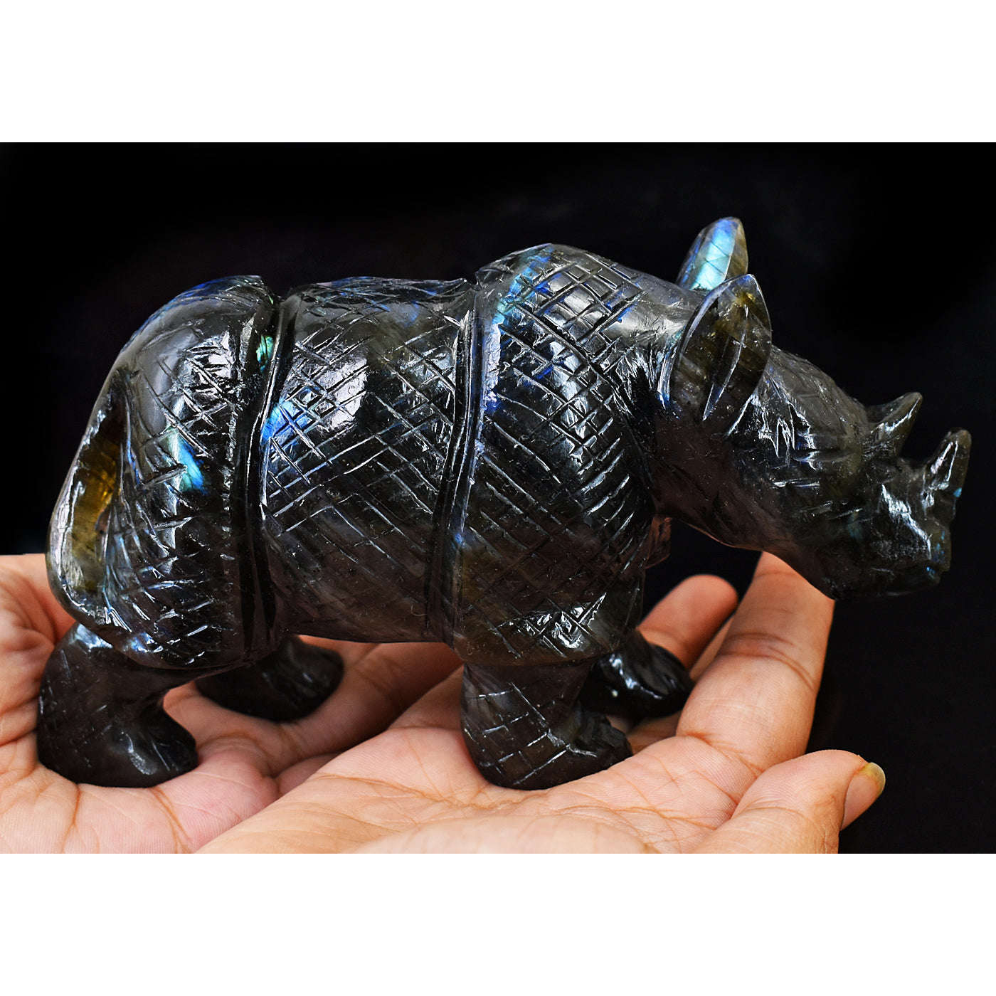 gemsmore:Artisian Blue & Golden Flash Labradorite Hand Carved Rhino
