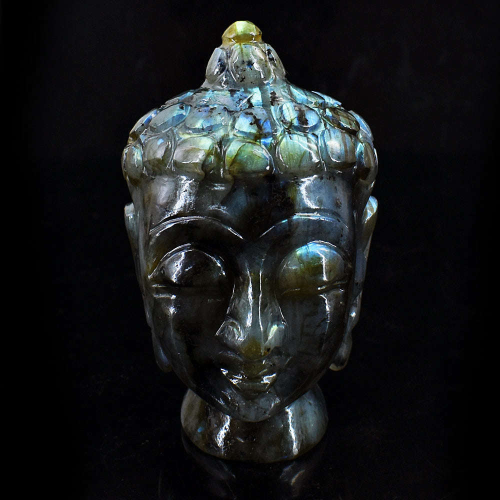 gemsmore:Artisian Blue & Green Flash Labradorite Hand Carved Buddha Head