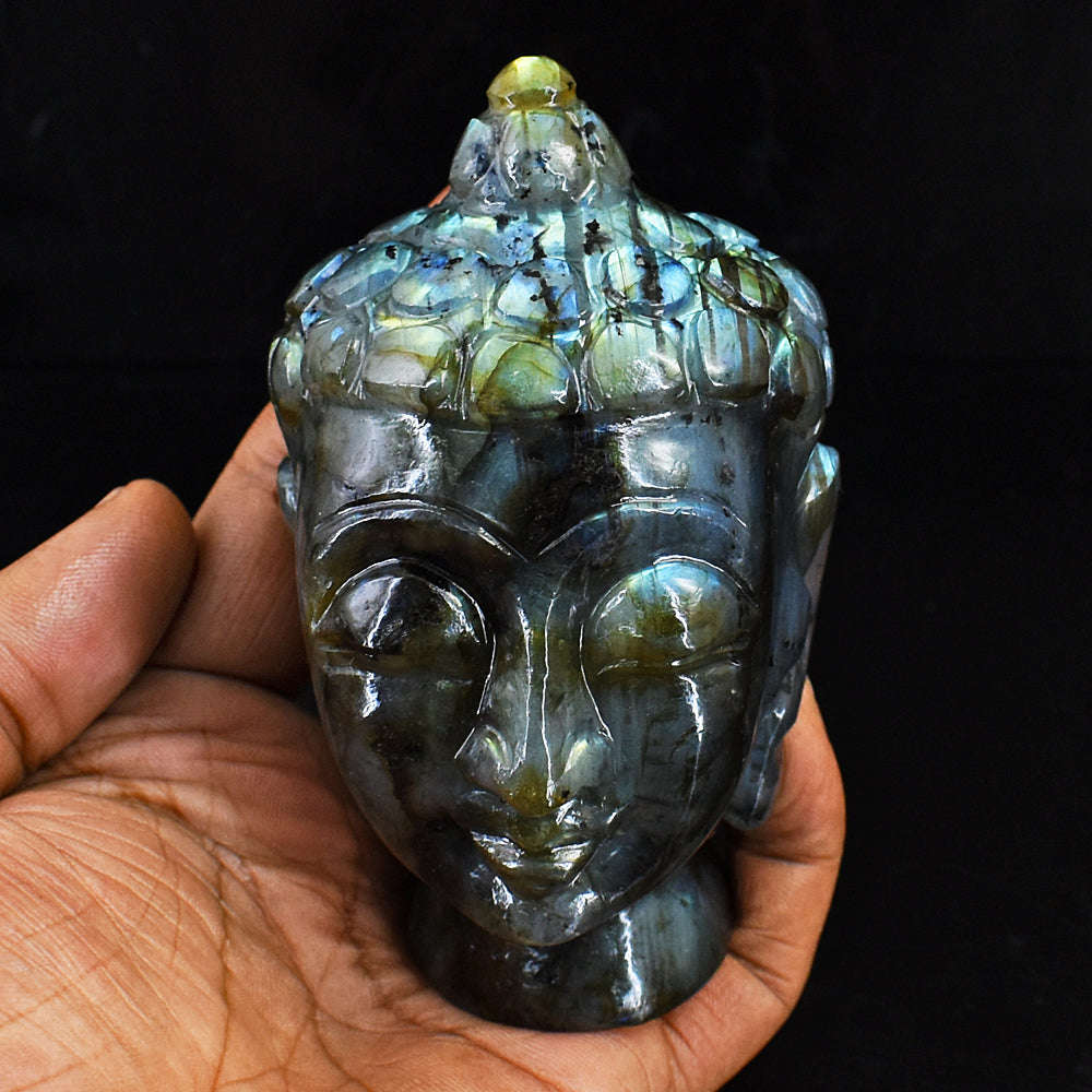 gemsmore:Artisian Blue & Green Flash Labradorite Hand Carved Buddha Head