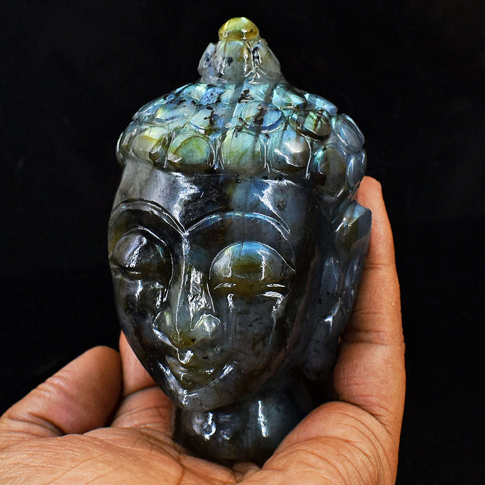 gemsmore:Artisian Blue & Green Flash Labradorite Hand Carved Buddha Head