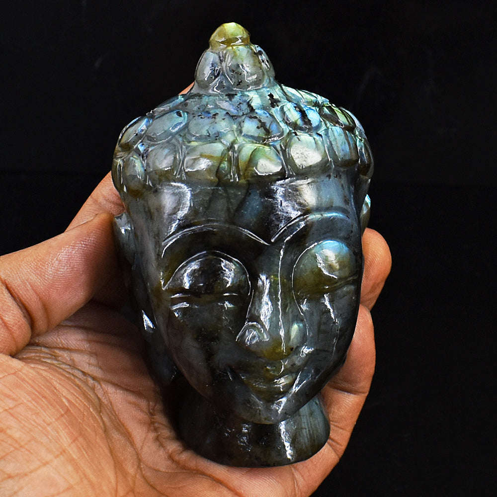 gemsmore:Artisian Blue & Green Flash Labradorite Hand Carved Buddha Head