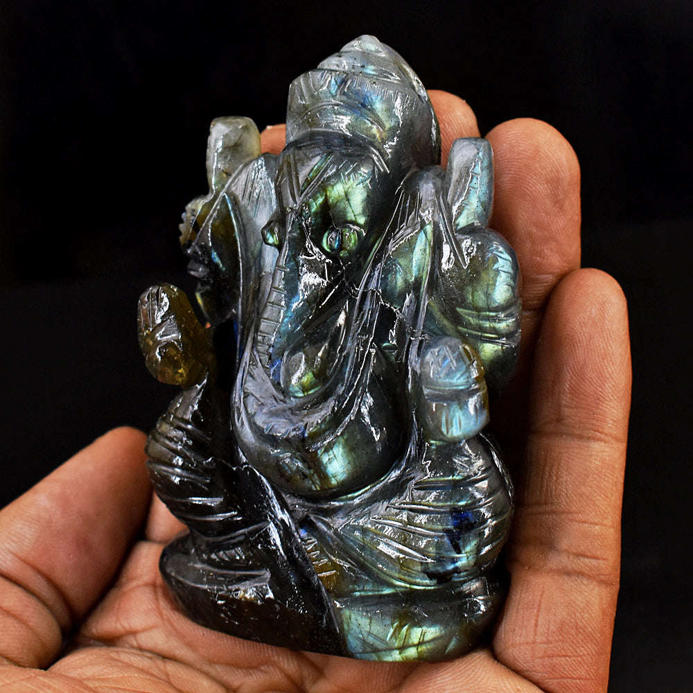 gemsmore:Artisian Blue & Green Flash Labradorite Hand Carved Lord Ganesha