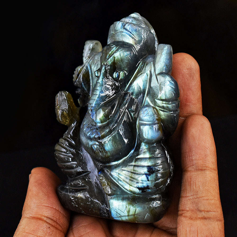 gemsmore:Artisian Blue & Green Flash Labradorite Hand Carved Lord Ganesha