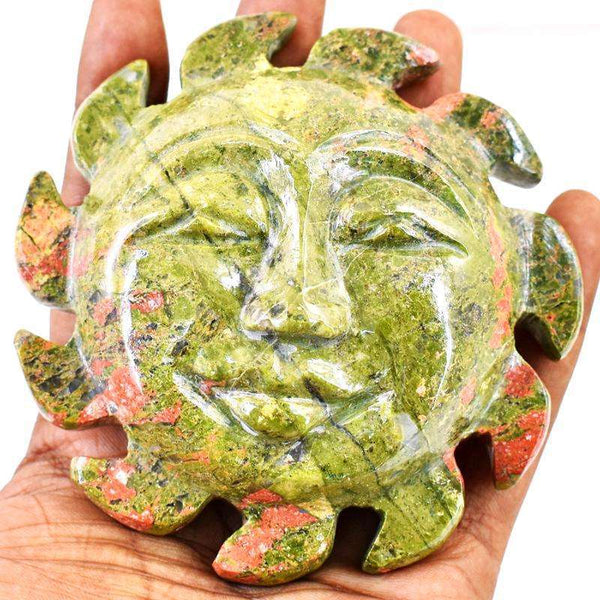 gemsmore:Artisian Carved Blood Green Unakite Carved Sun Face