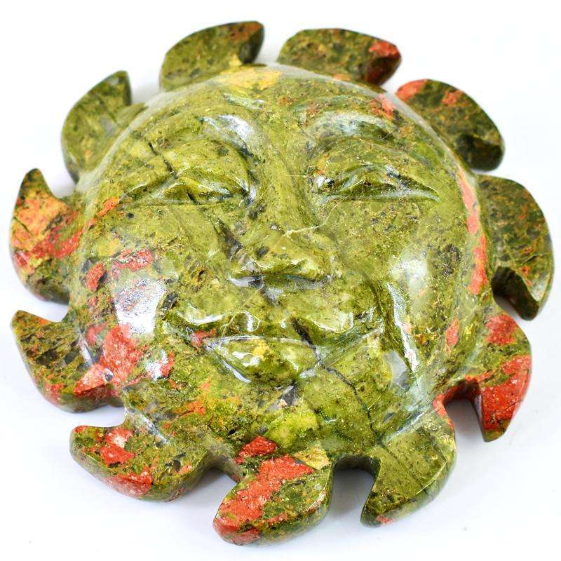 gemsmore:Artisian Carved Blood Green Unakite Carved Sun Face