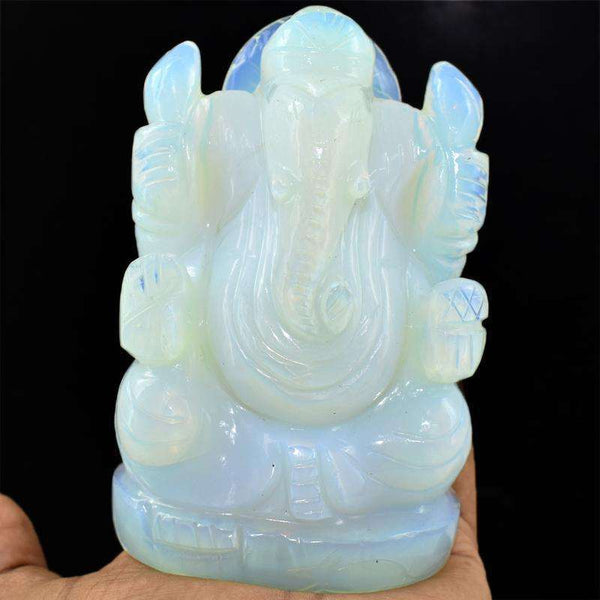 gemsmore:Artisian Carved Blue Flash Opalite Fireplay Lord Ganesha Idol