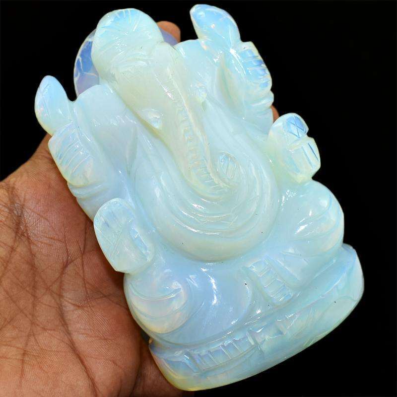 gemsmore:Artisian Carved Blue Flash Opalite Fireplay Lord Ganesha Idol