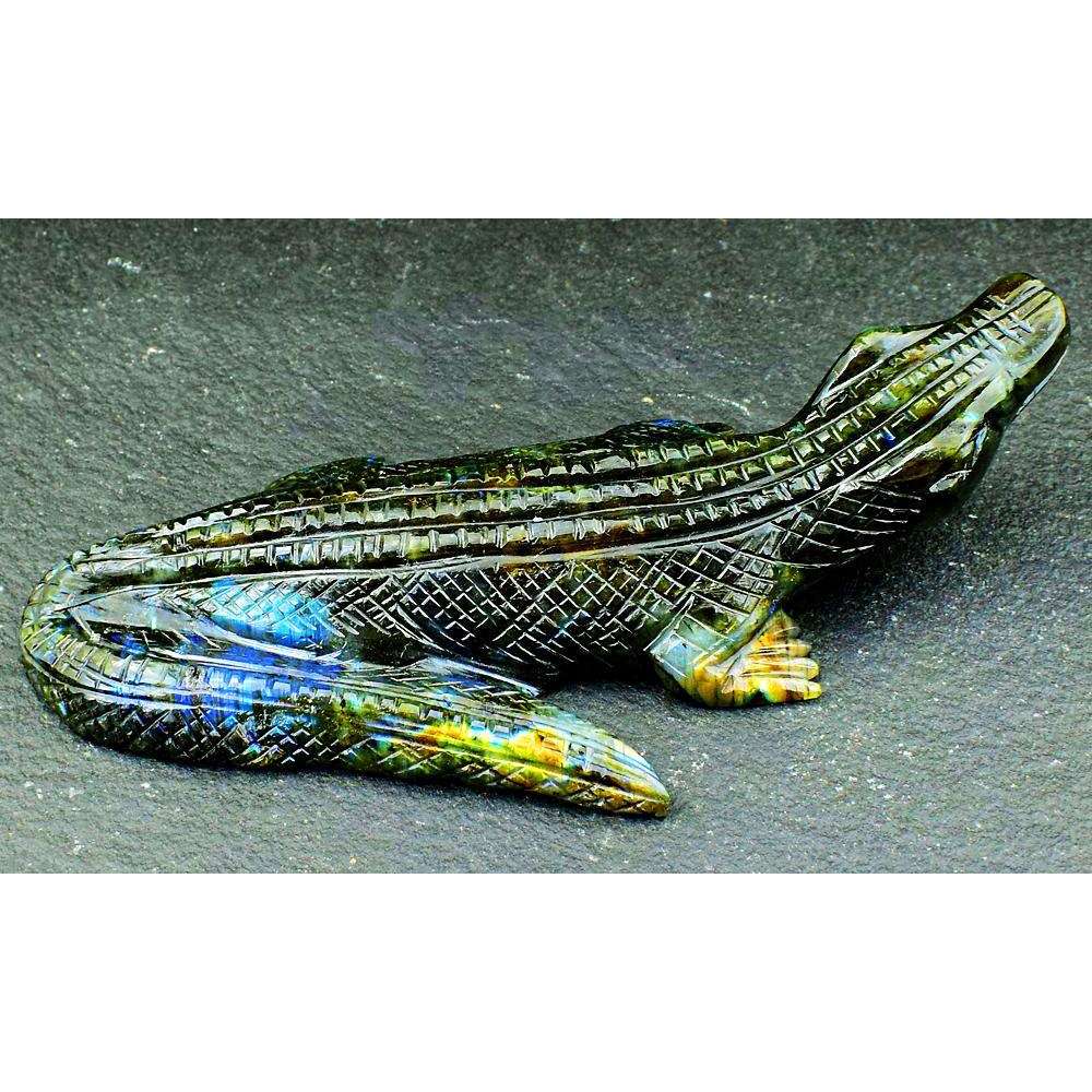 gemsmore:Artisian Carved Golden & Blue Flash Labradorite Crocodile