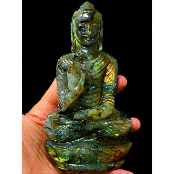 gemsmore:Artisian Carved Golden Flash Labradorite Lord Buddha-sir0