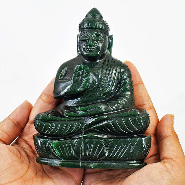 gemsmore:Artisian Carved Green Jade Lord Buddha Idol