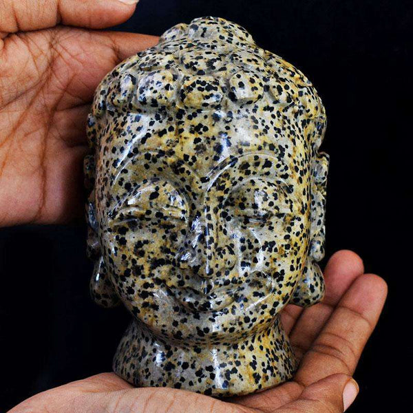 gemsmore:Artisian Dalmtion Jasper Hand Carved Genuine Crystal Gemstone Carving Buddha Head