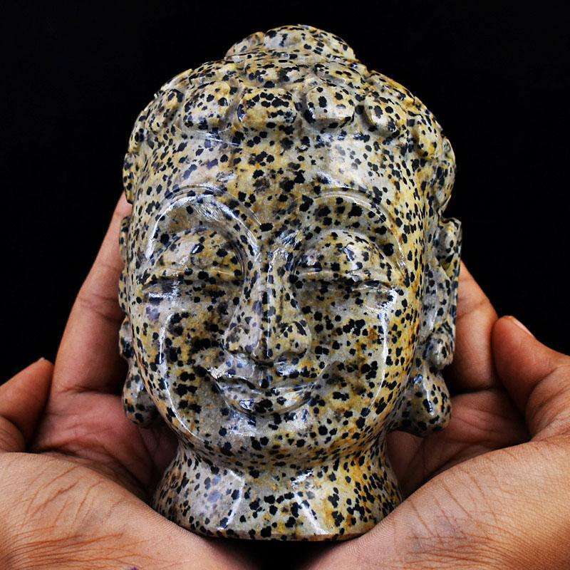 gemsmore:Artisian Dalmtion Jasper Hand Carved Genuine Crystal Gemstone Carving Buddha Head