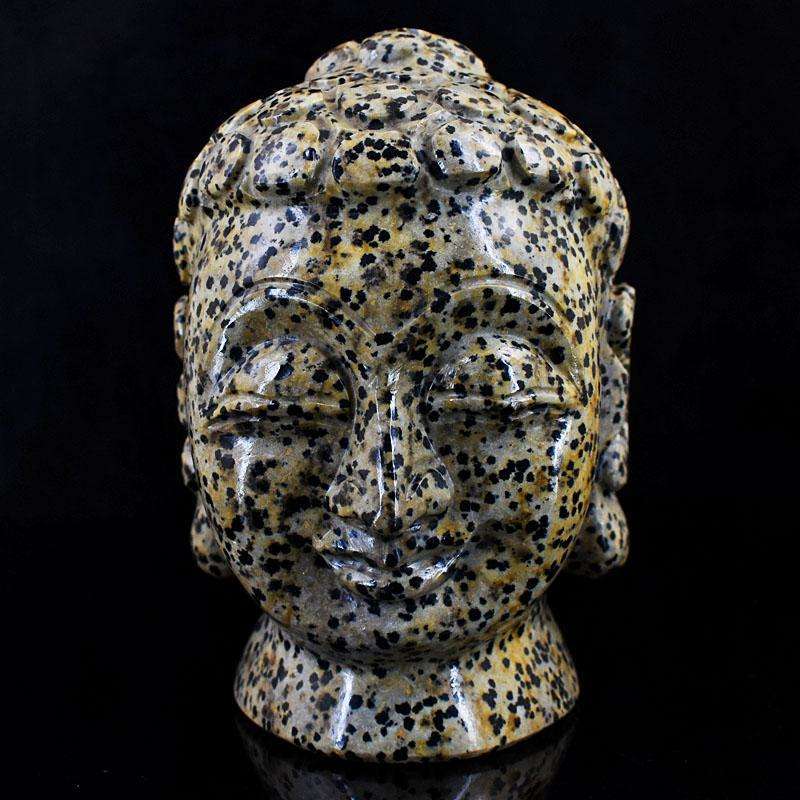 gemsmore:Artisian Dalmtion Jasper Hand Carved Genuine Crystal Gemstone Carving Buddha Head