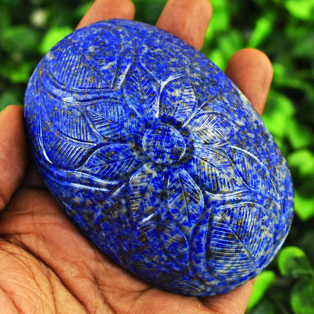 gemsmore:Artisian Denim Blue Lapis Lazuli  Hand Carved Genuine Crystal Gemstone Carving Mughal Carved Cabochon