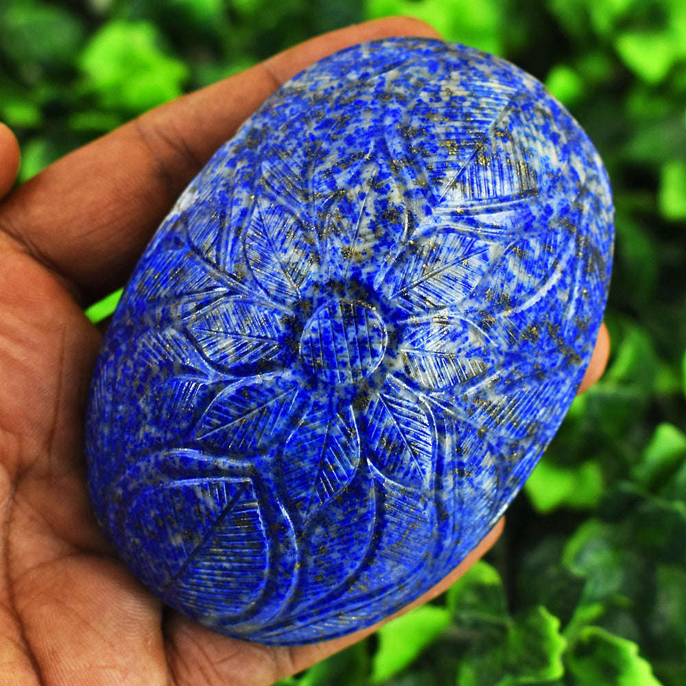 gemsmore:Artisian Denim Blue Lapis Lazuli  Hand Carved Genuine Crystal Gemstone Carving Mughal Carved Cabochon