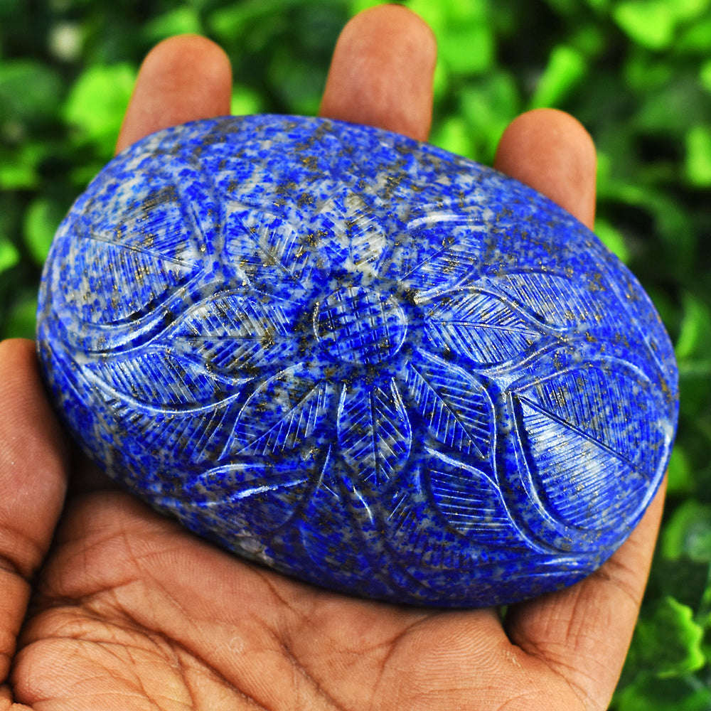 gemsmore:Artisian Denim Blue Lapis Lazuli  Hand Carved Genuine Crystal Gemstone Carving Mughal Carved Cabochon