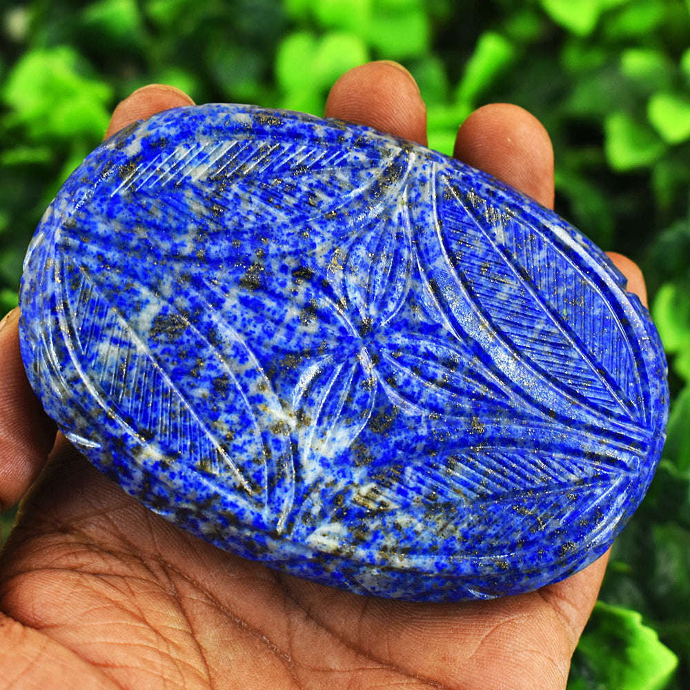 gemsmore:Artisian Denim Blue Lapis Lazuli  Hand Carved Genuine Crystal Gemstone Carving Mughal Carved Cabochon