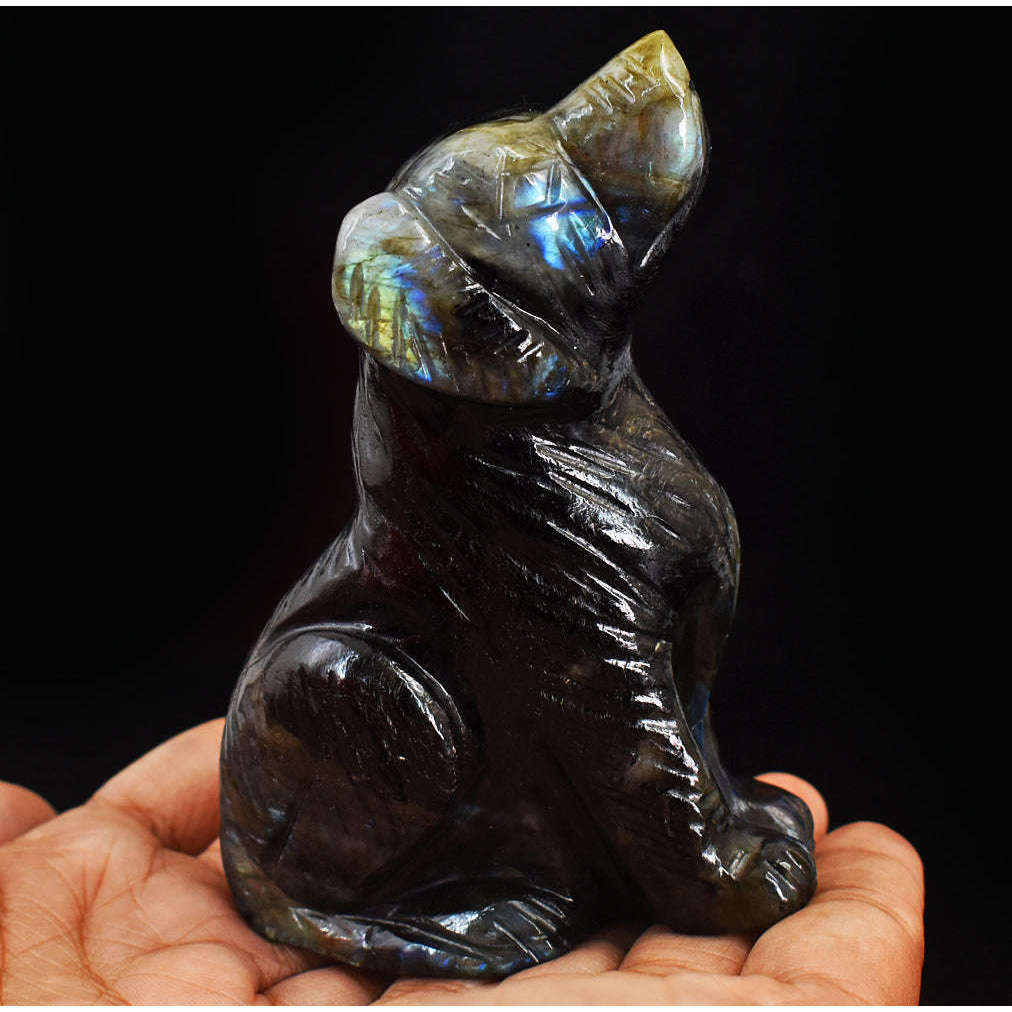 gemsmore:Artisian Golden & Blue Flash Labradorite Hand Carved Genuine Crystal Gemstone Carving Dog