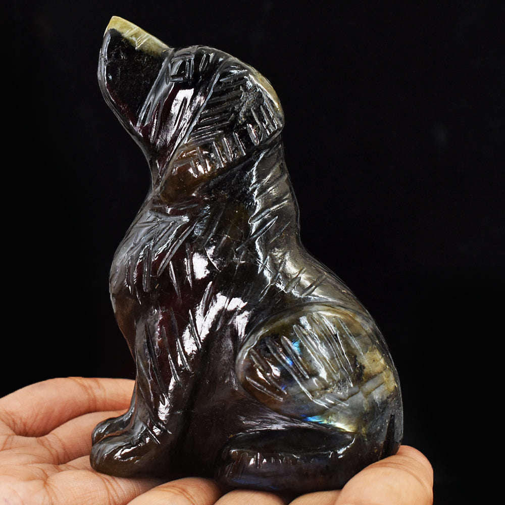 gemsmore:Artisian Golden & Blue Flash Labradorite Hand Carved Genuine Crystal Gemstone Carving Dog