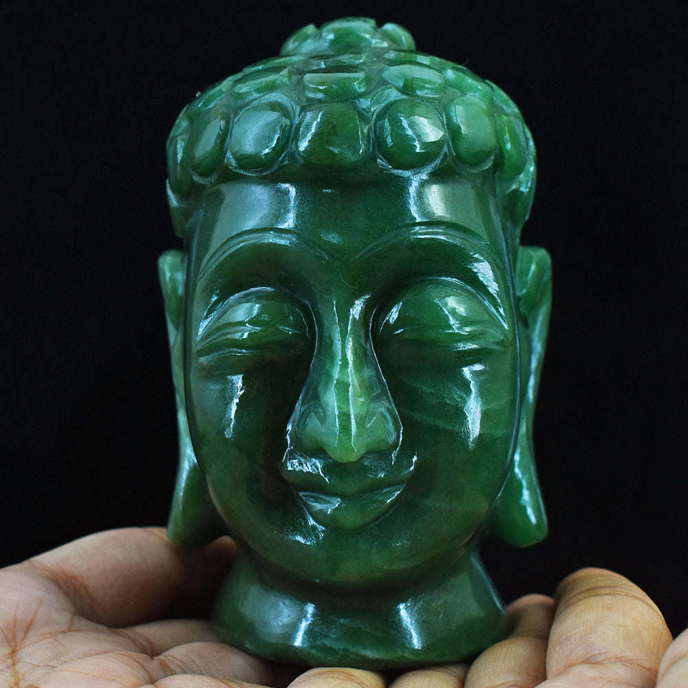 gemsmore:Artisian Green Aventurine Hand Carved Genuine Crystal Gemstone Carving Buddha Head