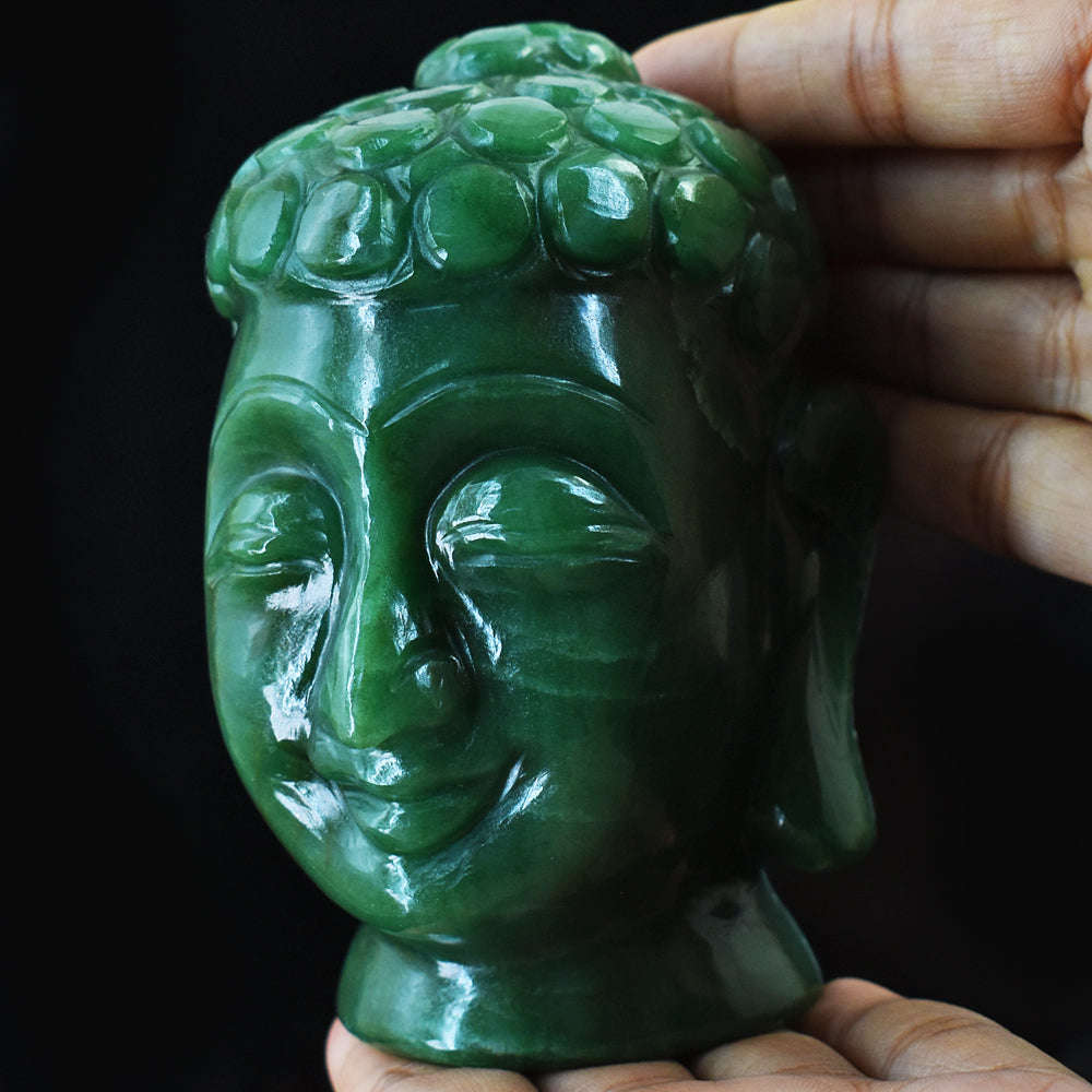 gemsmore:Artisian Green Aventurine Hand Carved Genuine Crystal Gemstone Carving Buddha Head