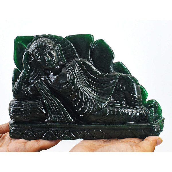 gemsmore:Artisian Green Jade Hand Carved Genuine Crystal Gemstone Carving Huge Sleeping Lord Buddha