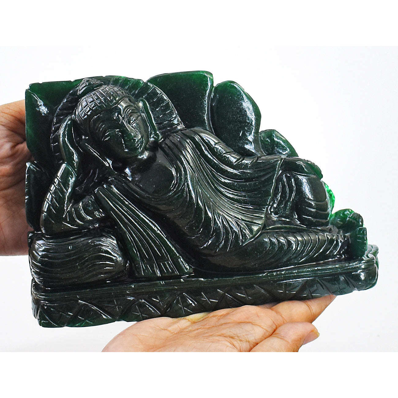 gemsmore:Artisian Green Jade Hand Carved Genuine Crystal Gemstone Carving Huge Sleeping Lord Buddha