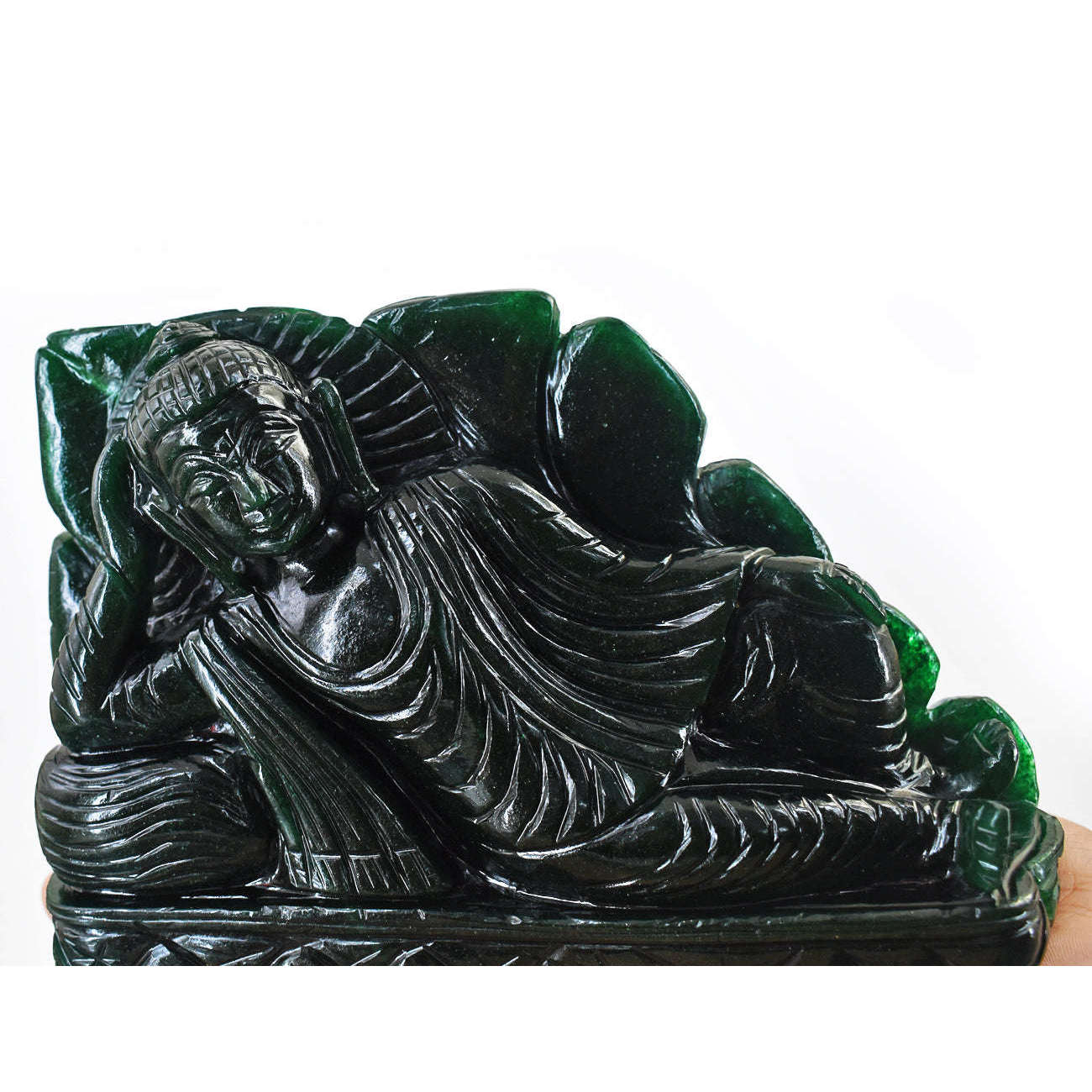 gemsmore:Artisian Green Jade Hand Carved Genuine Crystal Gemstone Carving Huge Sleeping Lord Buddha