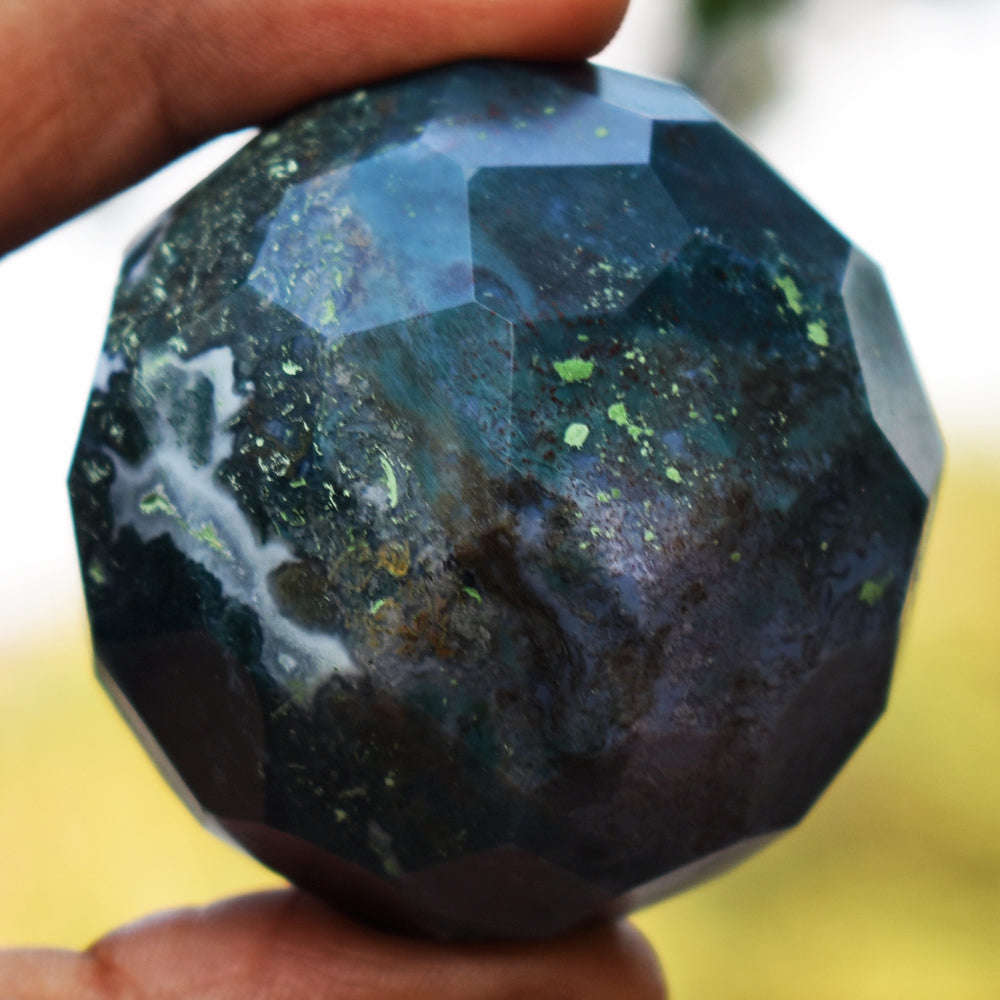 gemsmore:Artisian Green Moss Agate Hand Carved Faceted Healing Sphere